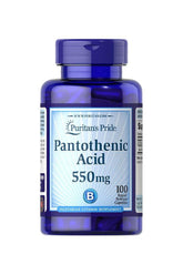 Puritan's Pride Pantothenic Acid 550 mg rapid release capsules, 100 count vitamin B-5 supplement bottle.